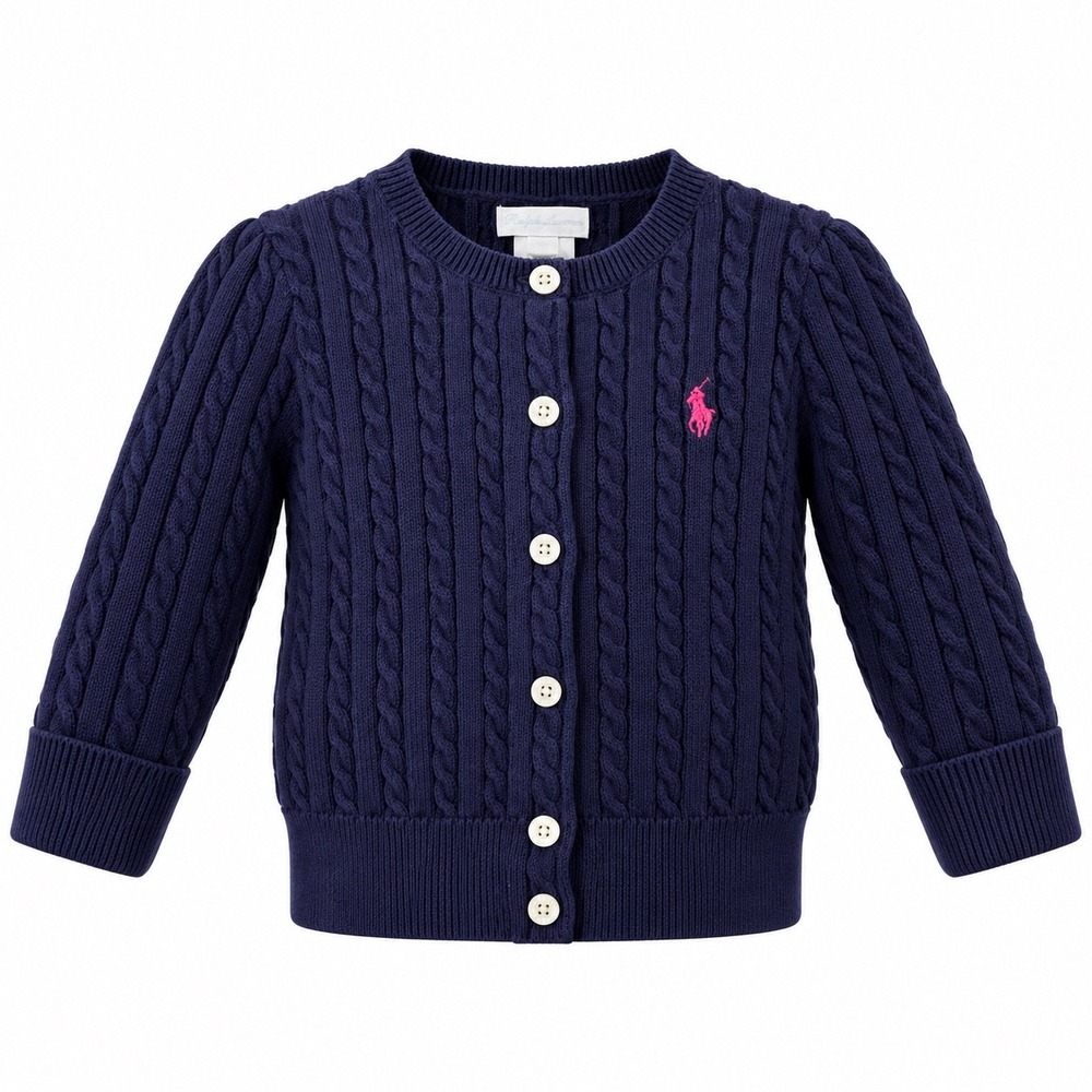 Ralph Lauren Baby Girls 18M Navy Cable Knit Cardigan Sweater Pink Pony